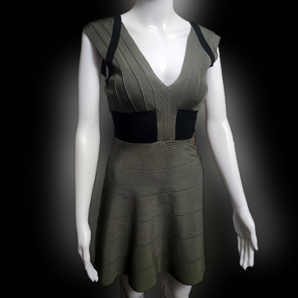 Bebe A-line / fit & flare olive green and black bandage dress. Size XS
